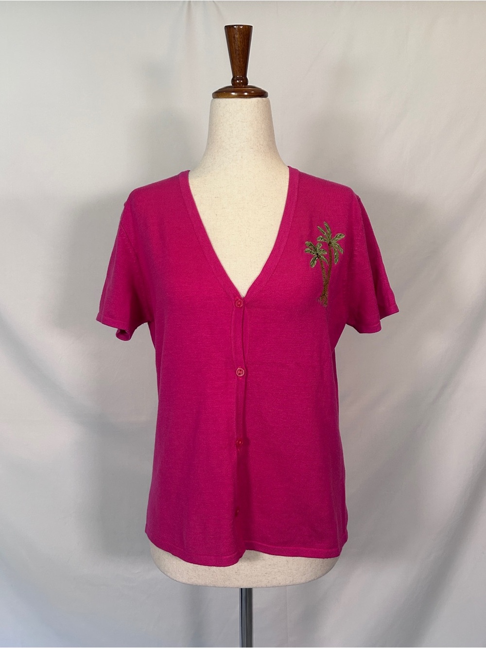 Studio I Hot Pink Short-Sleeve Cardigan with embroidered Palm Tree